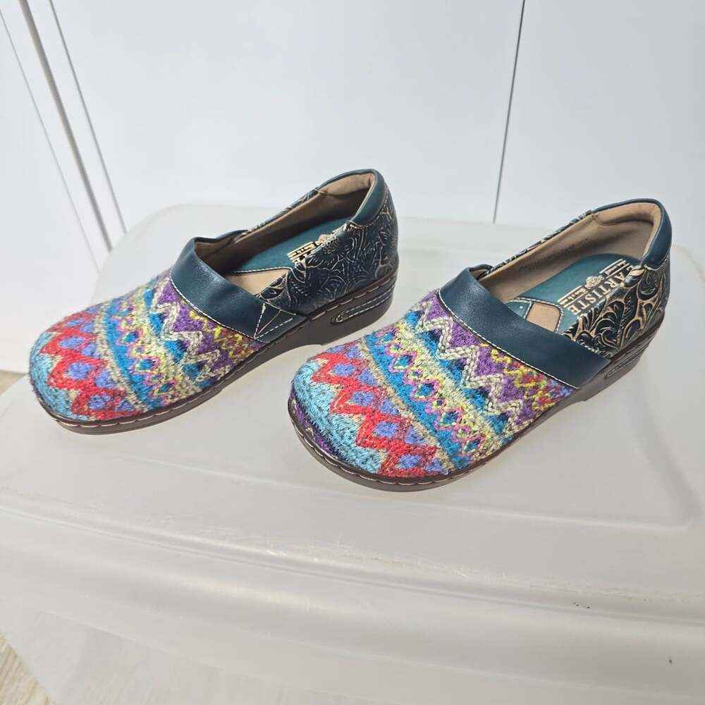 Spring Step L'Artiste Zagabank Multi Color Woven Leather Clog Shoes Size 37